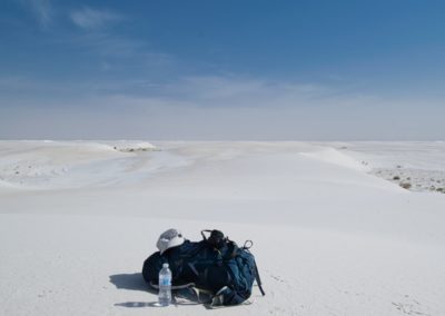 2022-06-09 USA New Mexico White Sands National Park day daylight backpack cap hat water bottle camera Nikon dunes desert white sand gypsum