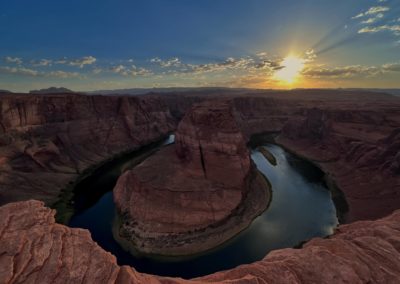 2022-06-16 USA Arizona Page Horseshoe Bend sunset river Colorado river rocks red sky clouds colors red blue green landscape canyon