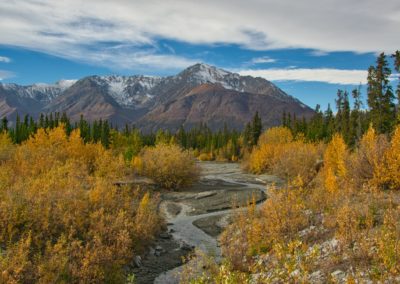 2022-09-19 Canada Yukon Haines Junction Kluane National Park landscape nature automn fall colors golden fall foliage forest trees mountains creek