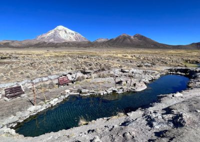 2022-11-13 South America Bolivia Altiplano high plain plateau Andean Plateau Andes Mountains Andean Mountain Range Sajama National Park campo base base camp hike Aguas Termales Hot Springs village Volcano water transparent clear nature landscape thermal highest mountain