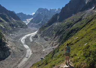 2023-08-21 France Haute High Savoie Chamonix Mont-Blanc Massif Mountains Nature hike highest mountain in europe Mont Blanc best hike panoramic view landscape blue sky mer de glace sea of glacier Montenvers Grand Balcon Nord north balcony summer nice view glacier viewpoint hiker person woman