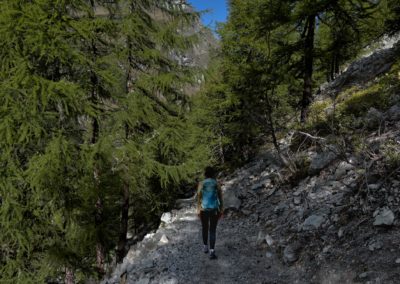 2023-09-16 Switzerland Alps Valais Val Valley d'Anniviers Zinal CAS SAC Cabane Arpitettaz hut lac lake Arpitettaz two day best hike most beautiful mountains trail path glacier snow Dent Blanche clouds Grand Cornier forest trees river valley hiker person woman