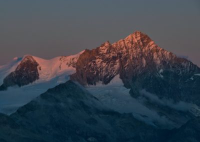 2023-09-19 Switzerland Alps Valais Val Valley d'Anniviers Zinal Grimentz CAS SAC Cabane Becs de Bosson hut two day best hike most beautiful mountains glacier snow clouds cloudy great view sunset dawn twilight colour color weisshorn mountain range weisshorn bishorn