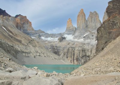 2023-01-14 South America Chile Patagonia Puerto Natales Torres del Paine National Park Parque Nacional the best the most beautiful hike magnificent path Multi-day hike W-Trek day day stage four 4 viewpoint Mirador Base Las Torres Torre Sur Torre Central Torre Norte sunrise morning lake stones rocks